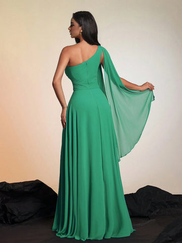 Smilprince Solid Color Asymmetric Neckline High Slit Elegant High-End Evening Gown