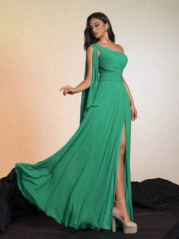 Smilprince Solid Color Asymmetric Neckline High Slit Elegant High-End Evening Gown