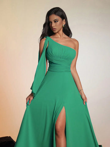 Smilprince Solid Color Asymmetric Neckline High Slit Elegant High-End Evening Gown