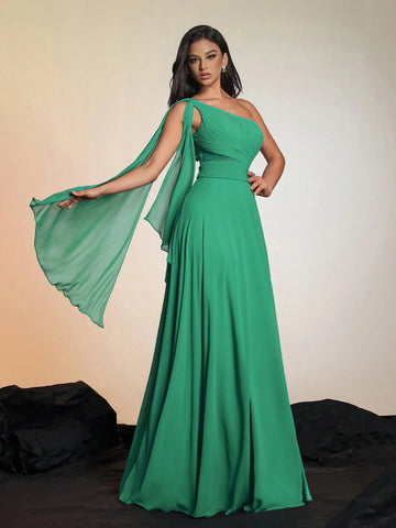 Smilprince Solid Color Asymmetric Neckline High Slit Elegant High-End Evening Gown