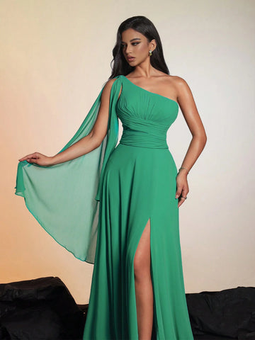 Smilprince Solid Color Asymmetric Neckline High Slit Elegant High-End Evening Gown