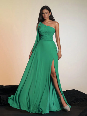Smilprince Solid Color Asymmetric Neckline High Slit Elegant High-End Evening Gown