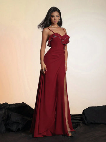 Smilprince Solid Color Thigh-High Split Suspender Floor-Length Women's Formal Evening Dress