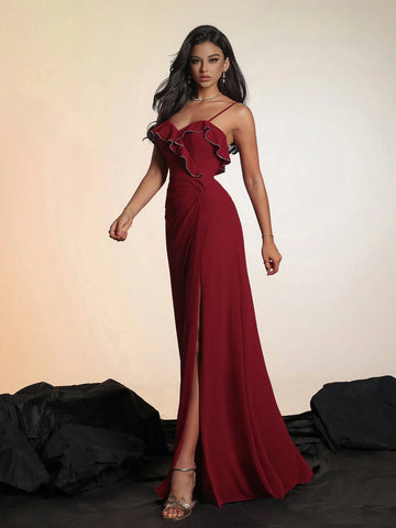 Smilprince Solid Color Thigh-High Split Suspender Floor-Length Women's Formal Evening Dress