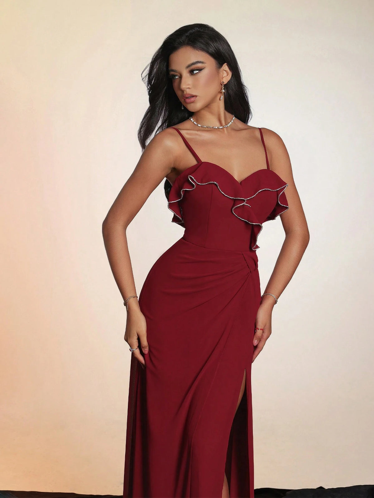 Smilprince Solid Color Thigh-High Split Suspender Floor-Length Women's Formal Evening Dress