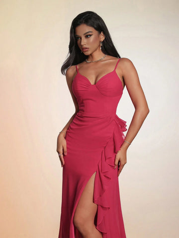 Smilprince Solid Color V-Neck Spaghetti Straps Dress With Thigh-High Slit And Ruched Hem, High-End & Elegant Brand Evening Gown