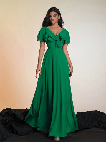 Smilprince Solid Color V-Neck Summer Maxi Dress, Elegant & Luxurious Evening Dress