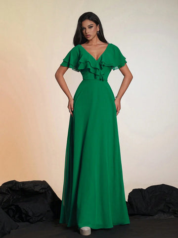 Smilprince Solid Color V-Neck Summer Maxi Dress, Elegant & Luxurious Evening Dress