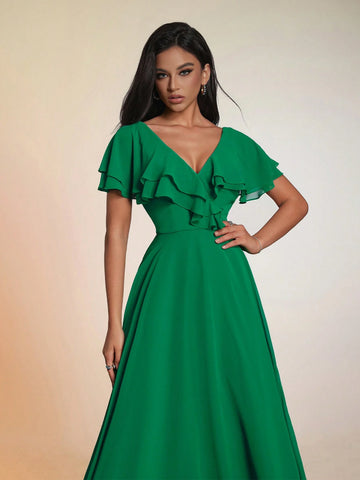 Smilprince Solid Color V-Neck Summer Maxi Dress, Elegant & Luxurious Evening Dress