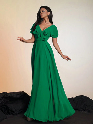 Smilprince Solid Color V-Neck Summer Maxi Dress, Elegant & Luxurious Evening Dress