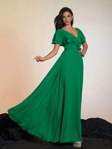 Smilprince Solid Color V-Neck Summer Maxi Dress, Elegant & Luxurious Evening Dress