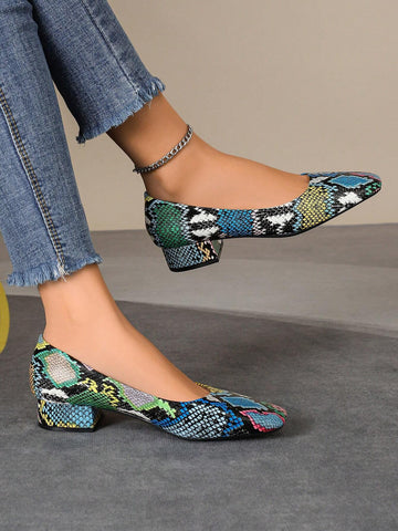 Snake Skin Thick Heeled Square Toe Comfortable Casual Shoes For Women, Slip-On Design