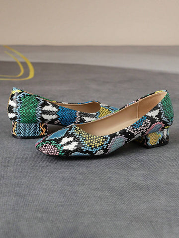 Snake Skin Thick Heeled Square Toe Comfortable Casual Shoes For Women, Slip-On Design
