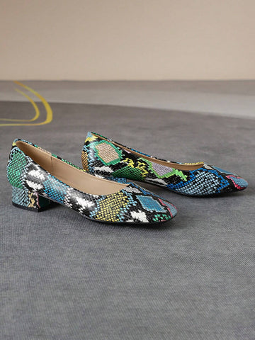 Snake Skin Thick Heeled Square Toe Comfortable Casual Shoes For Women, Slip-On Design