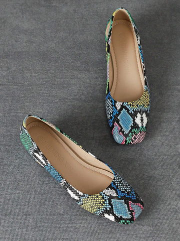 Snake Skin Thick Heeled Square Toe Comfortable Casual Shoes For Women, Slip-On Design