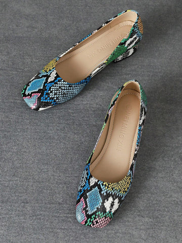 Snake Skin Thick Heeled Square Toe Comfortable Casual Shoes For Women, Slip-On Design
