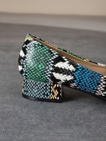 Snake Skin Thick Heeled Square Toe Comfortable Casual Shoes For Women, Slip-On Design