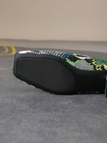 Snake Skin Thick Heeled Square Toe Comfortable Casual Shoes For Women, Slip-On Design