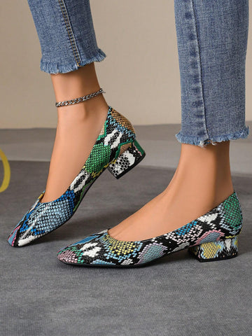 Snake Skin Thick Heeled Square Toe Comfortable Casual Shoes For Women, Slip-On Design