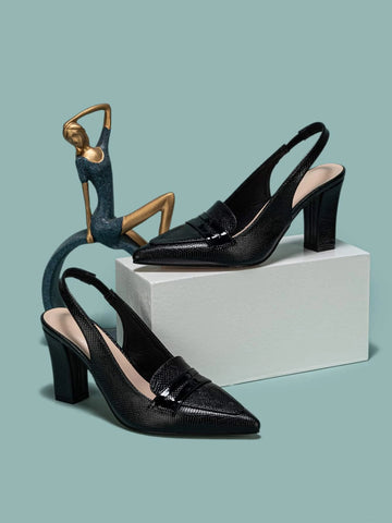 Snakeskin Embossed Chunky Heeled Slingback Pumps