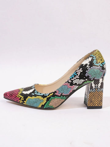 Snakeskin Embossed Point Toe Chunky Heeled Court Pumps