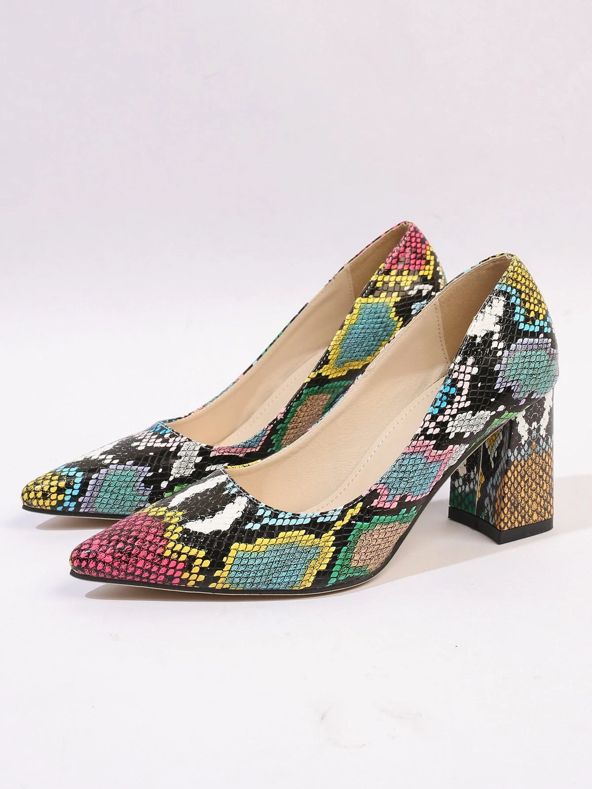 Snakeskin Embossed Point Toe Chunky Heeled Court Pumps