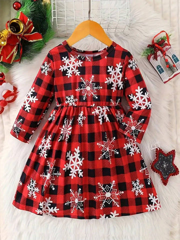 Snowflake And Christmas Plaid Print Girls Holiday Long Sleeve Dress - Comfortable Casual Party Casual Dress, Spring/Fall