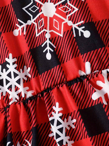 Snowflake And Christmas Plaid Print Girls Holiday Long Sleeve Dress - Comfortable Casual Party Casual Dress, Spring/Fall