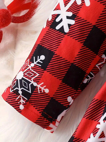 Snowflake And Christmas Plaid Print Girls Holiday Long Sleeve Dress - Comfortable Casual Party Casual Dress, Spring/Fall