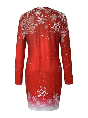Snowman & Snowflake Print Christmas Themed Long Sleeve Mini Dress