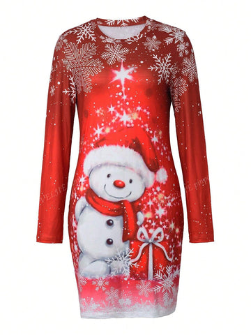 Snowman & Snowflake Print Christmas Themed Long Sleeve Mini Dress