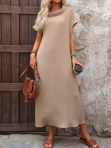 Soft Cotton Linen Comfortable A-Line Dress With Round Neck