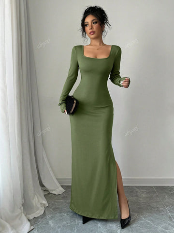 Soild Color Square Neck Long Sleeve Sexy Twist Back Cut Out High Slit Slim Fit Elegant Dress,Casual,Commuting,Dating,Daily,Simple,Party,Autumn And Winter New Women's Clothing
