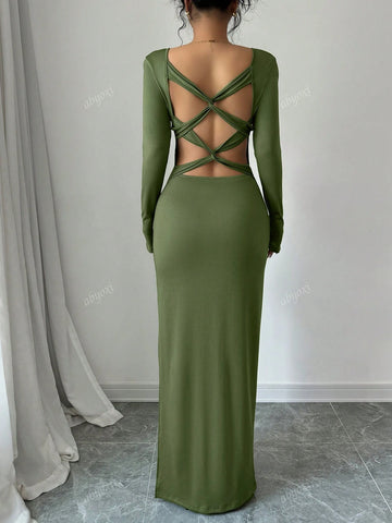 Soild Color Square Neck Long Sleeve Sexy Twist Back Cut Out High Slit Slim Fit Elegant Dress,Casual,Commuting,Dating,Daily,Simple,Party,Autumn And Winter New Women's Clothing
