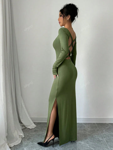 Soild Color Square Neck Long Sleeve Sexy Twist Back Cut Out High Slit Slim Fit Elegant Dress,Casual,Commuting,Dating,Daily,Simple,Party,Autumn And Winter New Women's Clothing
