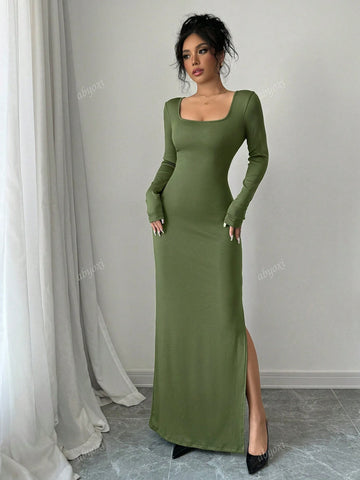 Soild Color Square Neck Long Sleeve Sexy Twist Back Cut Out High Slit Slim Fit Elegant Dress,Casual,Commuting,Dating,Daily,Simple,Party,Autumn And Winter New Women's Clothing