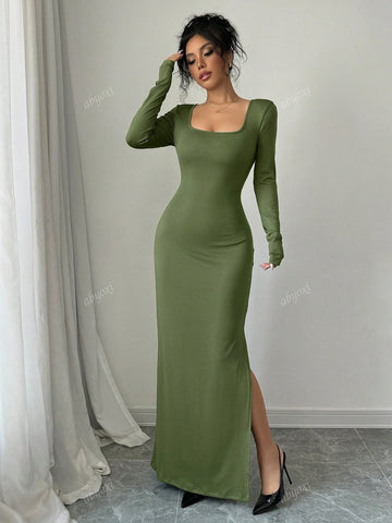 Soild Color Square Neck Long Sleeve Sexy Twist Back Cut Out High Slit Slim Fit Elegant Dress,Casual,Commuting,Dating,Daily,Simple,Party,Autumn And Winter New Women's Clothing