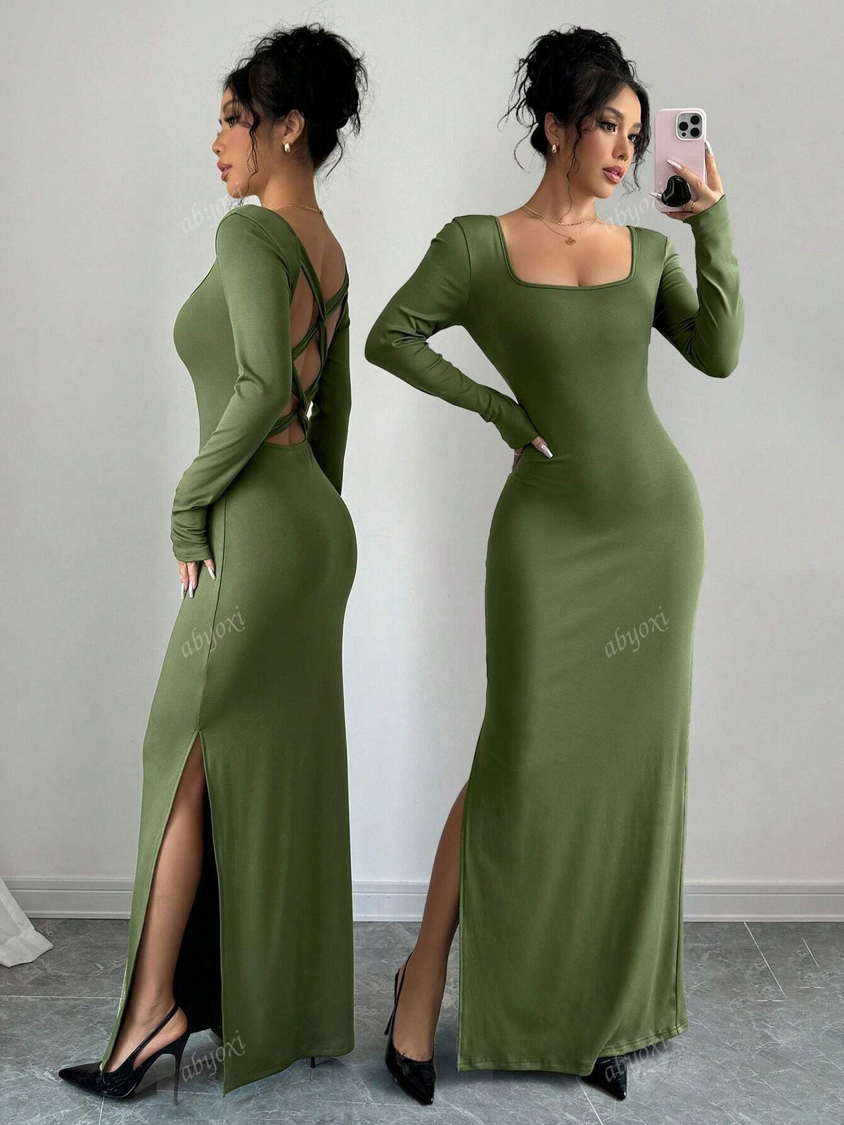 Soild Color Square Neck Long Sleeve Sexy Twist Back Cut Out High Slit Slim Fit Elegant Dress,Casual,Commuting,Dating,Daily,Simple,Party,Autumn And Winter New Women's Clothing