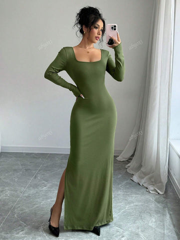 Soild Color Square Neck Long Sleeve Sexy Twist Back Cut Out High Slit Slim Fit Elegant Dress,Casual,Commuting,Dating,Daily,Simple,Party,Autumn And Winter New Women's Clothing