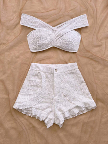 Soleia 1 Set Textured Knit Off Shoulder Cropped Top + Textured Knit Ruffled Hem ShortsBeach, Airport, Loose, Open Shoulder, Sundress, Graduation, Women's Resort Wear, 2 Pieces Set, Wedding Outfit