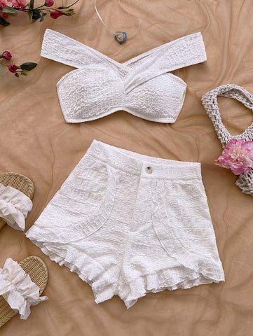 Soleia 1 Set Textured Knit Off Shoulder Cropped Top + Textured Knit Ruffled Hem ShortsBeach, Airport, Loose, Open Shoulder, Sundress, Graduation, Women's Resort Wear, 2 Pieces Set, Wedding Outfit