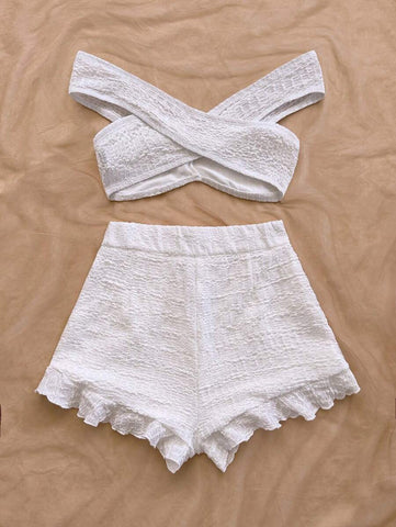 Soleia 1 Set Textured Knit Off Shoulder Cropped Top + Textured Knit Ruffled Hem ShortsBeach, Airport, Loose, Open Shoulder, Sundress, Graduation, Women's Resort Wear, 2 Pieces Set, Wedding Outfit