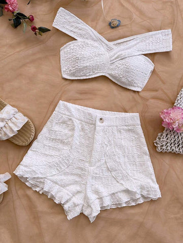 Soleia 1 Set Textured Knit Off Shoulder Cropped Top + Textured Knit Ruffled Hem ShortsBeach, Airport, Loose, Open Shoulder, Sundress, Graduation, Women's Resort Wear, 2 Pieces Set, Wedding Outfit