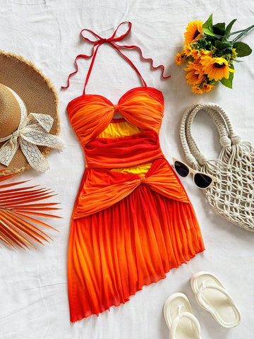 Soleia Vacation Romantic Sunset Ombre Halter Neck Bow Cutout Ruched Mesh Mini Dress, Beach Outfit