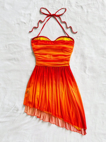 Soleia Vacation Romantic Sunset Ombre Halter Neck Bow Cutout Ruched Mesh Mini Dress, Beach Outfit