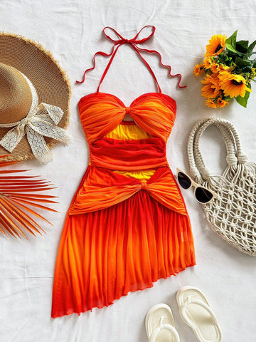 Soleia Vacation Romantic Sunset Ombre Halter Neck Bow Cutout Ruched Mesh Mini Dress, Beach Outfit