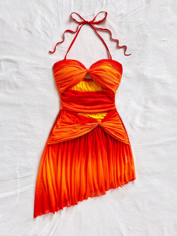Soleia Vacation Romantic Sunset Ombre Halter Neck Bow Cutout Ruched Mesh Mini Dress, Beach Outfit