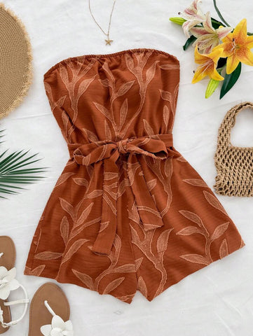 Soleia Women's Willow Branch Textured Fabric Bandeau Romper, Suitable For Beach, Seaside, Summer Outfit