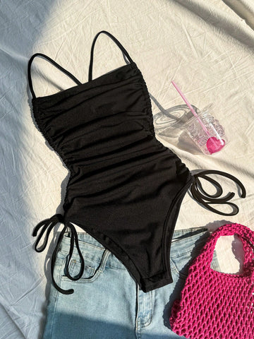 Solid-Colored Side Drawstring Pleated Cami Bodysuit