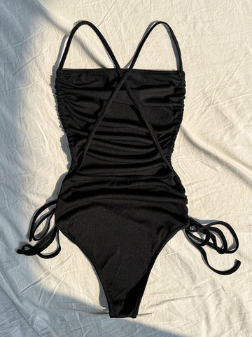 Solid-Colored Side Drawstring Pleated Cami Bodysuit